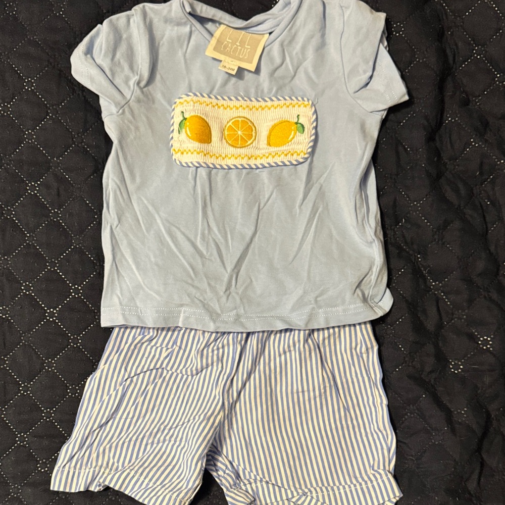 Little Cactus Light Blue Lemon Embroidered Short Set